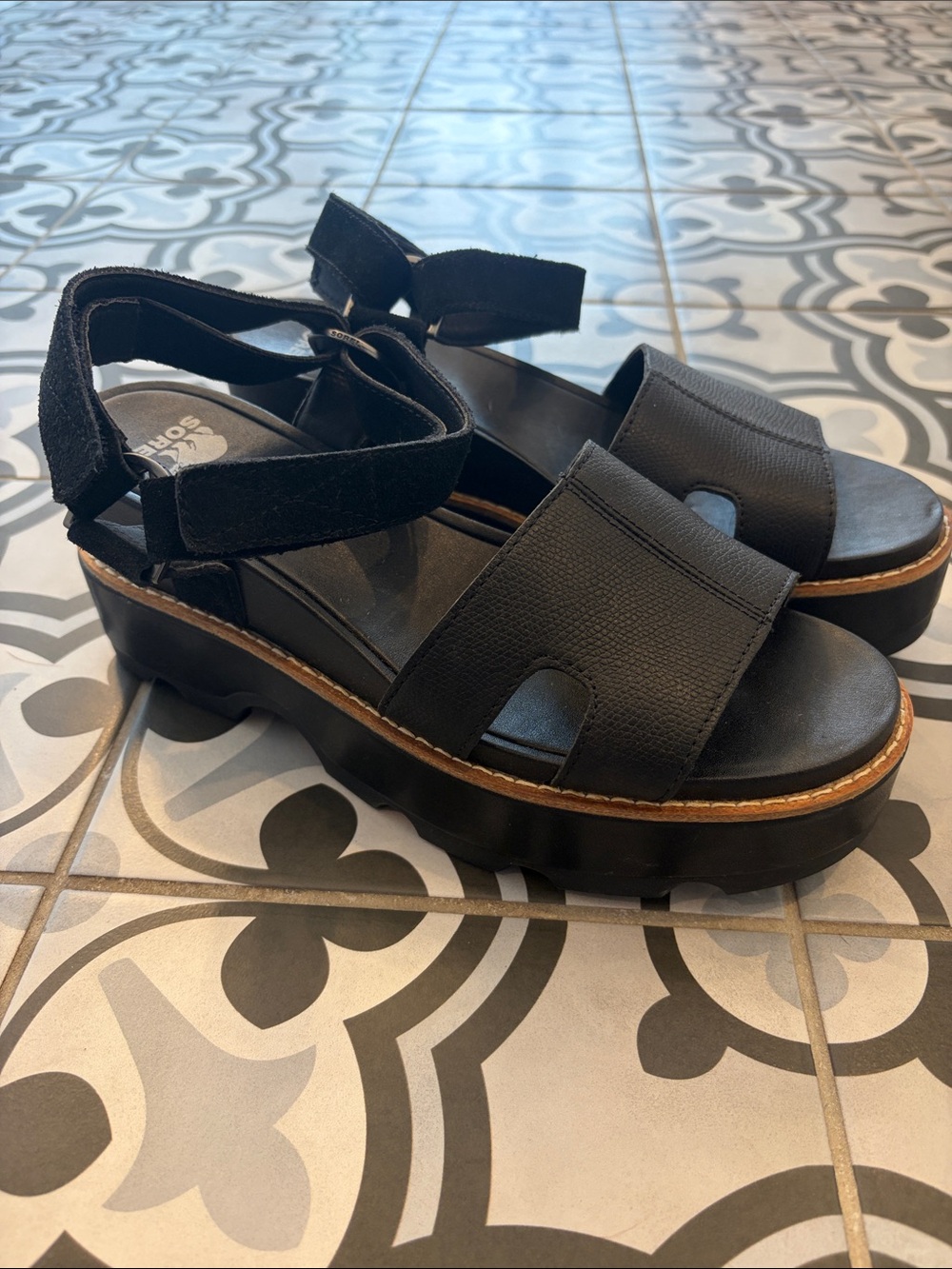 Sorel Black Platform Sandals with Ankle Strap